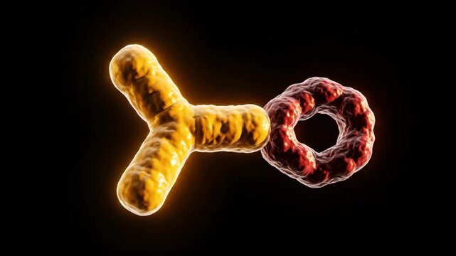 Antibody molecule attached to a red ring-shaped virus particle