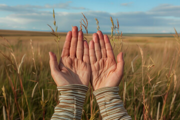 Thanksgiving. A pair of hands giving thanks on the prairie landscape