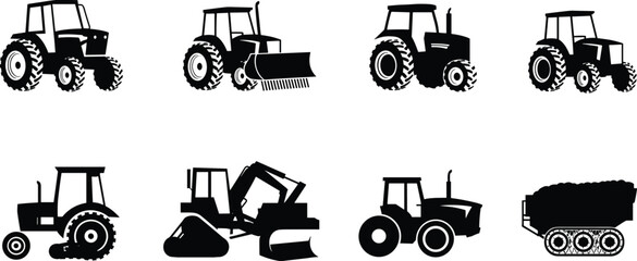 Agricultural and construction vehicle silhouettes, black icons, tractor types, dump truck, loader, side view, machinery design, equipment variety, attachments © Mst