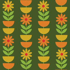 Mid Mod flowers with half circles mustard yellow and orange and green leaves seamless pattern on dark olive green background. For wallpaper, home d&eacute;cor and fabric.