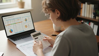 Woman managing personal or business finances, using a calculator and laptop displaying a quarterly earning report with charts, while reviewing tax documents