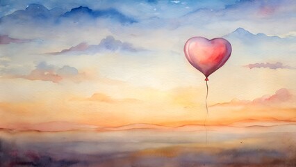 Fototapeta premium Heart Shaped Balloon Floating in a Watercolor Sunset Sky Over Calm Water