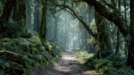 Serene moss-covered forest trail bathed in soft sunlight with ancient trees forming a natural archway surrounded by dense lush greenery and peaceful calmness