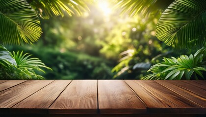 rustic wooden table with lush tropical greenery in background