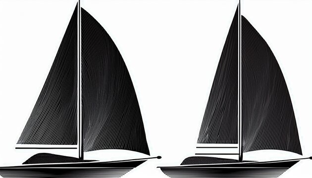 two black silhouettes of sailboats side view on a white background - Powered by Adobe