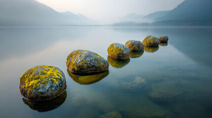 Tranquil lake scene with moss-covered stones aligned in calm reflective water and misty mountains fading into the soft early morning light haze