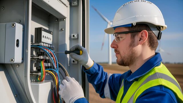 Side view of focused male electrical engineer in white helmet and blue uniform repairing control panel with screwdriver against wind turbines. Concept of sustainable energy