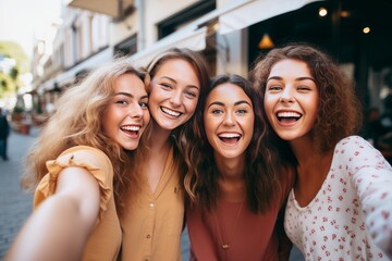Naklejka premium Four young women smiling and laughing, capturing a joyful friendship moment on a city street