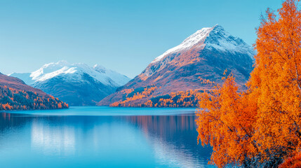 Vibrant autumn reflections on tranquil mountain lake, with snow-capped peaks rising above hillsides ablaze with stunning orange foliage under clear blue sky