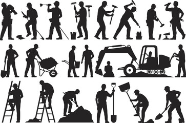 Construction worker silhouettes, black icons, tool usage, manual labor, site activity, hard hats, equipment operation, ladder climbing, painting, digging