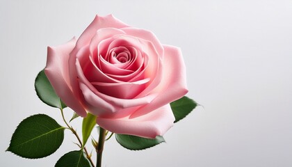 a single pink rose with green leaves against a white background in a close up studio shot view
