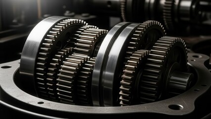 Close-Up of Intricate Metallic Gears in a Machine Mechanism