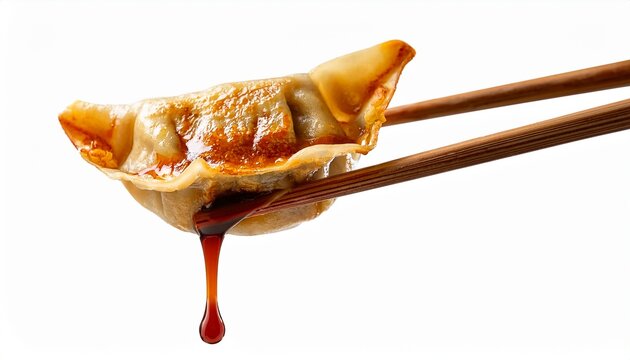 chopsticks holding a pan fried gyoza dumpling with dripping sauce isolated with white background