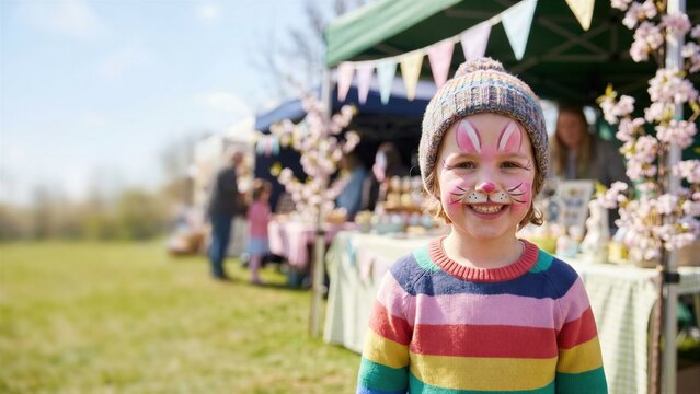 Little child with bunny face paint at an outdoor spring market. Happy kid with colorful sweater playing on Easter holiday