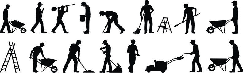 Manual labor silhouettes, black icons, construction workers, landscaping tasks, wheelbarrow, shoveling, sweeping, ladder climbing, tool usage, outdoor work