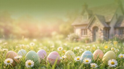 Colorful Easter eggs in green grass with daisy flowers and a blurry cottage in the background for spring holiday greeting card