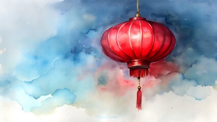 Obraz premium Red Lantern Hanging Against A Watercolor Sky With Clouds And Stars