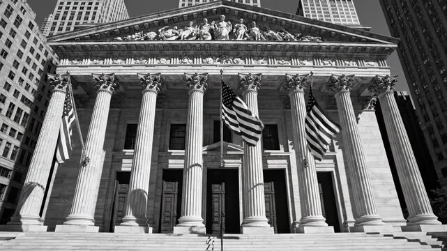 Classical building with columns and flags