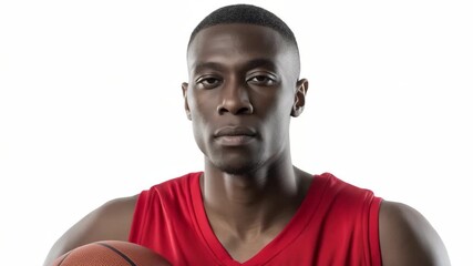 Focused african male athlete holding basketball in red jersey isolated on white