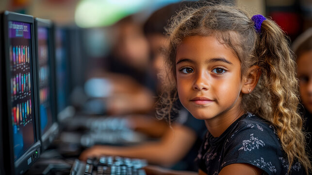 Captivating close-up of expressive young girl with beautiful curly hair, attentively focused in modern school computer lab, showcasing childhood learning and digital literacy in diverse educational se - Powered by Adobe