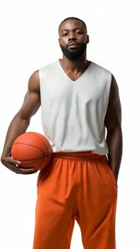 African adult male basketball player holding ball in orange shorts on white background