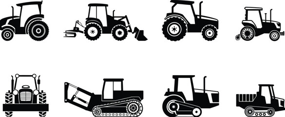 Tractor and construction vehicle silhouettes, black icons, bulldozer, dump truck, roller, loader, farm machinery, side view, equipment variety © Mst