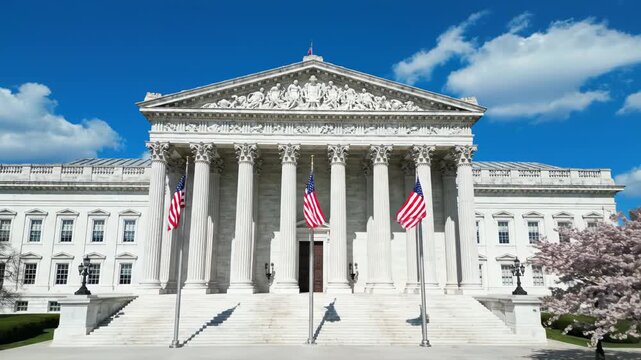 White marble building with columns and flags