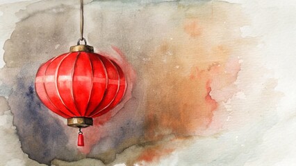 Obraz premium Vibrant Red Watercolor Lantern Hanging Against Textured Gray and Orange Background Artistic Detail