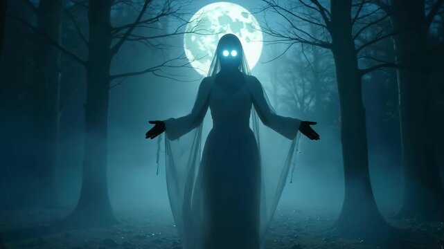 Scary ghost of a woman with glowing eyes in a dark forest at night. A supernatural spirit is silhouetted against a full moon in the foggy woods. Horror and Halloween concept