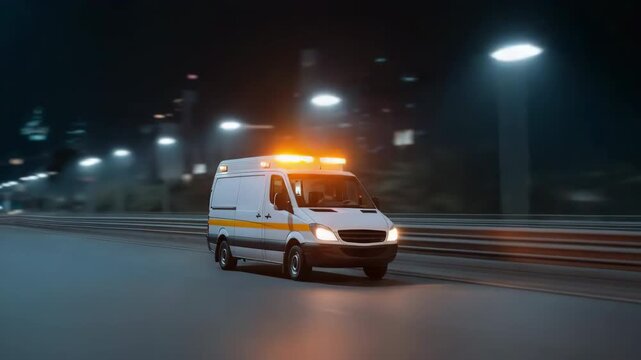 Emergency ambulance speeding through city streets at night