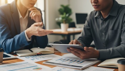 Businesspeople collaborating on financial strategy, analyzing annual reports and data charts on a tablet, focusing on tax planning and corporate finance