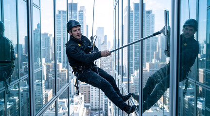 Professional window cleaner in a safety harness working on a high-rise skyscraper. Male worker cleaning the glass facade of a modern building with a city view