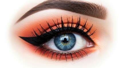 A mesmerizing close-up of a blue eye enhanced with dramatic orange eyeshadow and sharp winged eyeliner
