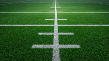Obraz premium Fresh Green Football Field with Yard Lines and Markings for Competitive Sports and Athletic Events Displaying a Clear Sky Perspective
