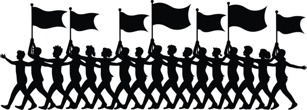 Row of protesters or marchers in silhouette carry dark flags together moving in unison during a demonstration for a cause.