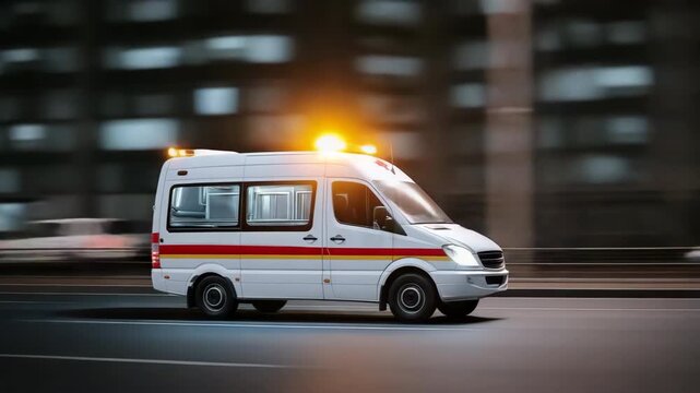 Emergency ambulance nighttime speeding urban streets with lights flashing