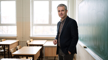 Male teacher standing near a chalkboard in an empty classroom. Portrait of a confident middle-aged professor in a school setting