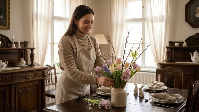 Woman setting table with flowers and willow branches for Easter celebration in home interior. Holiday decoration for spring dinner party
