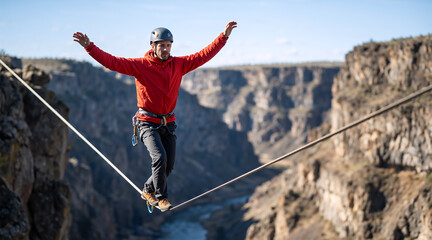 Man balancing on a slackline between cliffs. Highliner walking a rope over a deep canyon. Extreme sport and outdoor adventure concept