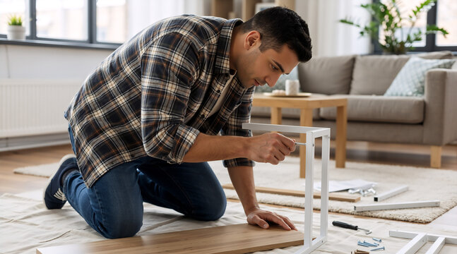 Focused man assembling new flat-pack furniture in his living room. Handyman building a shelf with a screwdriver. DIY home improvement project
