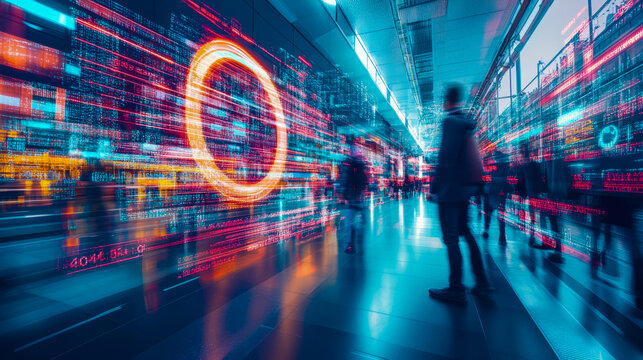 Digital city corridor with blurred commuters surrounded by massive data streams, glowing neon code, and high-speed information flow, symbolizing modern big data architecture and urban connectivity.