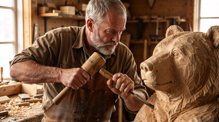 Senior craftsman carving a wooden bear sculpture in his workshop. Focused artisan using a chisel and mallet to create a handmade piece of art