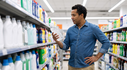 Man shopping for cleaning supplies in a supermarket aisle. Male customer reading the label on a detergent bottle while making a choice