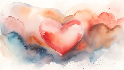 Fototapeta premium Red Watercolor Heart Surrounded by Soft Hues of Orange Blue and Brown Abstract Background