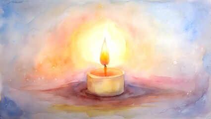 Fototapeta premium Warm Candle Flame Glowing Softly in Watercolor Hues of Orange Blue and Yellow