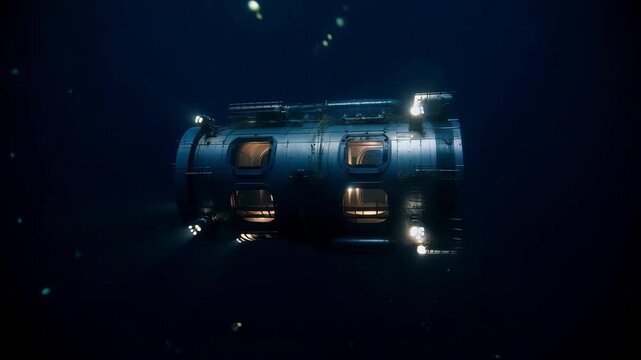 Futuristic industrial reactor module rotating underwater in dark deep sea environment with blue lights, floating particles and cinematic depth. Concept of advanced underwater energy technology