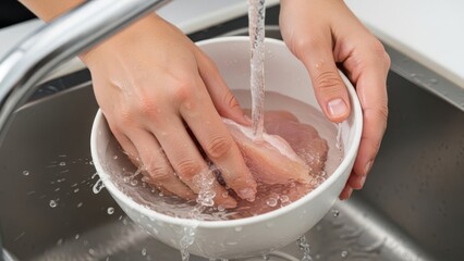A person carefully washing raw chicken breast fillets in a white bowl under fresh running water from a kitchen faucet.
