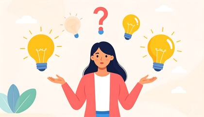 Illustration of a woman pondering ideas with lightbulbs floating above her head and a question mark