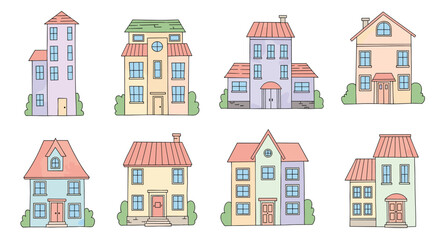 Naklejka premium Set of eight simple and charming house illustrations in various architectural styles with colorful facades and garden bushes for real estate themes.