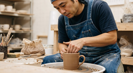 Male artisan shaping a clay mug on a pottery wheel in his workshop. Focused potter creating handmade ceramics. Craft and small business concept